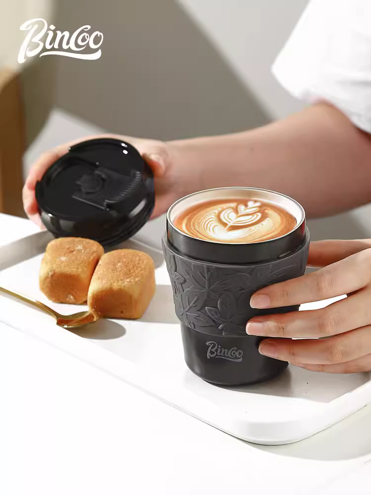 Cốc cà phê di động Bincoo có lớp phủ gốm, cốc du lịch dung tích lớn, thép không gỉ, cốc giữ nhiệt thời trang dành cho nữ.