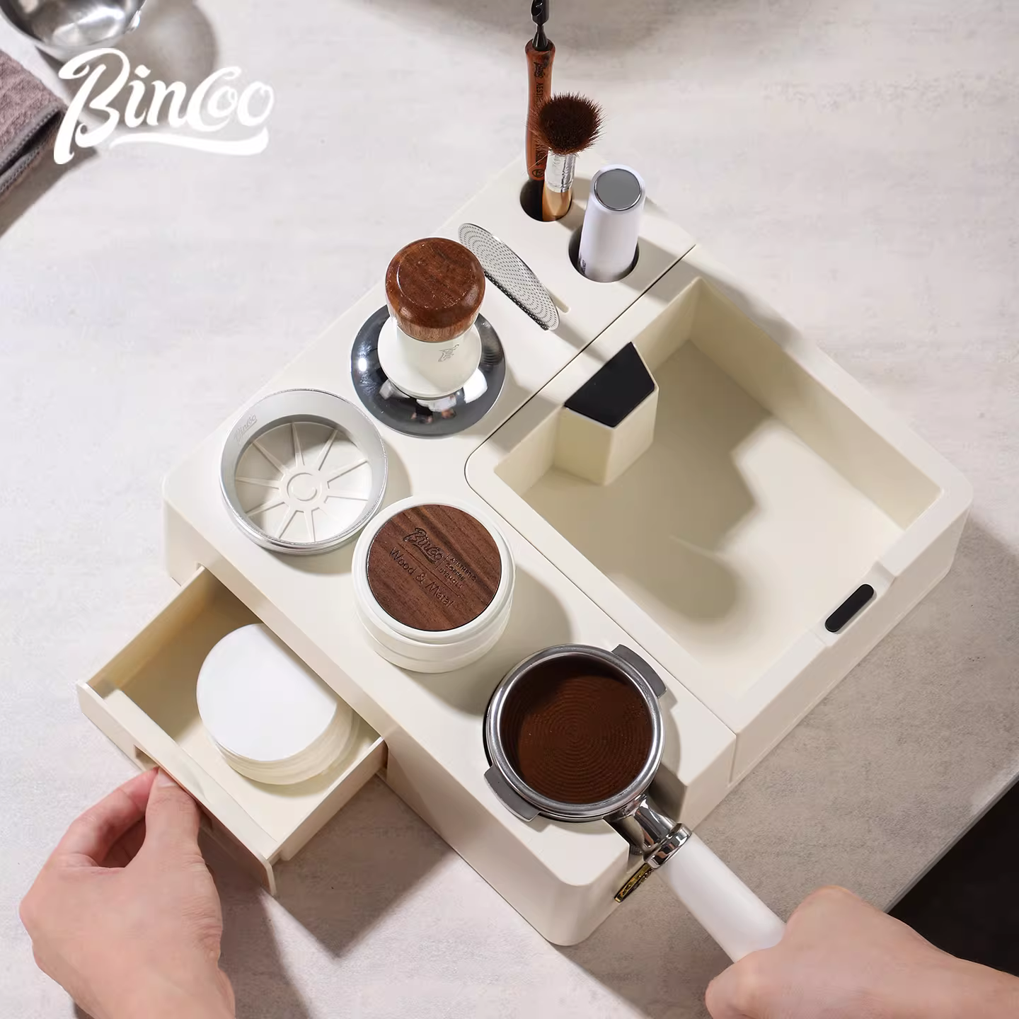 Đế đa năng Bincoo dùng làm dụng cụ nén cà phê, hộp đựng bã cà phê, giá đỡ, tay cầm, dụng cụ phân phối bột cà phê, hộp đựng bã cà phê