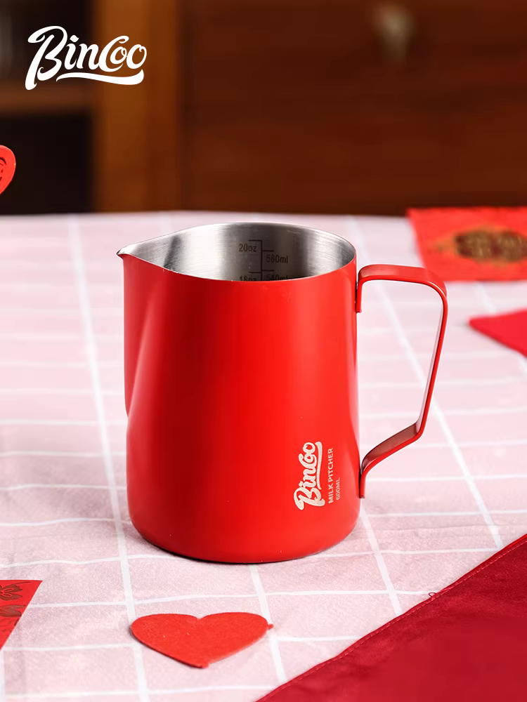 Bình pha cà phê latte bincoo có vòi tròn nhọn, bình tạo bọt sữa có vạch chia, cốc tạo bọt sữa bằng thép không gỉ, dụng cụ tạo bọt sữa latte.