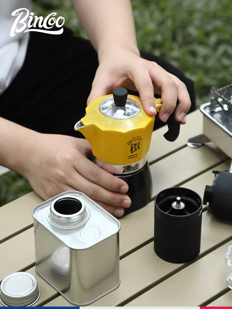 Bộ pha cà phê moka hai van Bincoo, bộ dụng cụ pha cà phê ngoài trời, máy xay cà phê nhỏ, bộ pha cà phê gia đình