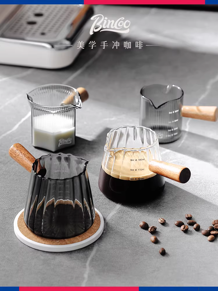 Bình sữa nhỏ bằng thủy tinh Bincoo có vạch chia độ, tách espresso có tay cầm bằng gỗ, bình sữa nhỏ để pha cà phê, cốc ounce