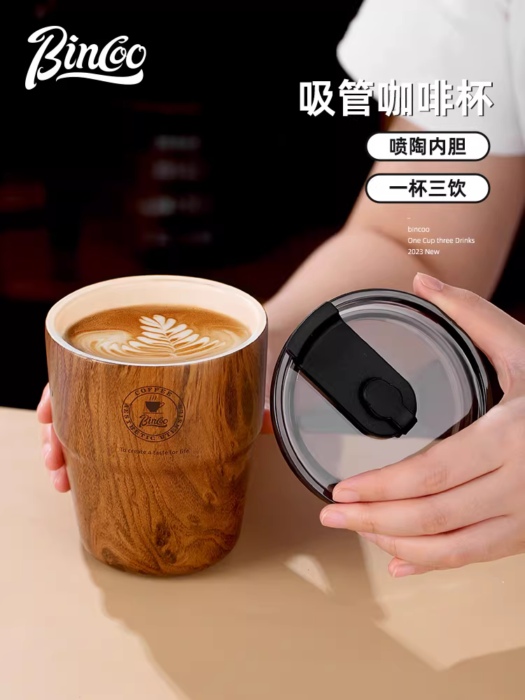 Ly cà phê gốm sứ vân gỗ Bincoo, ly giữ nhiệt kiểu Mỹ bằng thép không gỉ, cao cấp, dùng mang đi