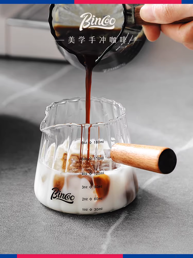 Bình sữa nhỏ bằng thủy tinh Bincoo có vạch chia độ, tách espresso có tay cầm bằng gỗ, bình sữa nhỏ để pha cà phê, cốc ounce