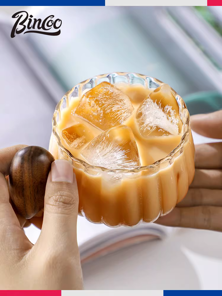 Ly cà phê thủy tinh Bincoo, ly latte cao cấp, ly Americano đá, tay cầm gỗ sọc dọc, cốc cổ điển