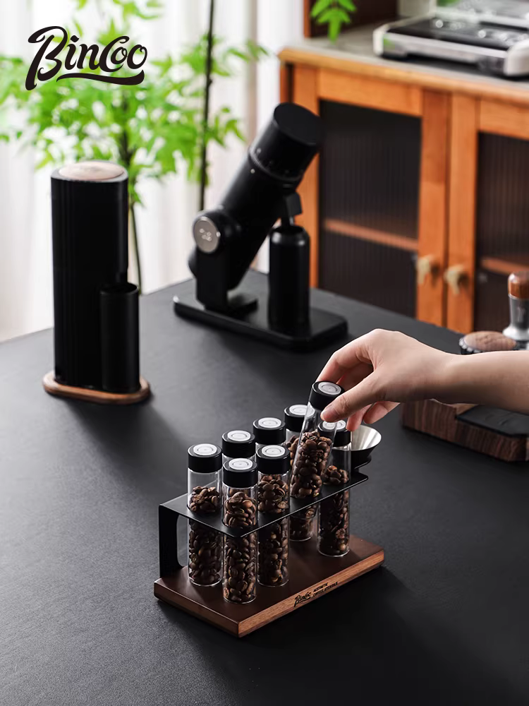 Giá để trưng bày cà phê hạt Bincoo dạng ống kín, chất liệu kính, di động, có van xả một chiều, chai đựng hương thơm
