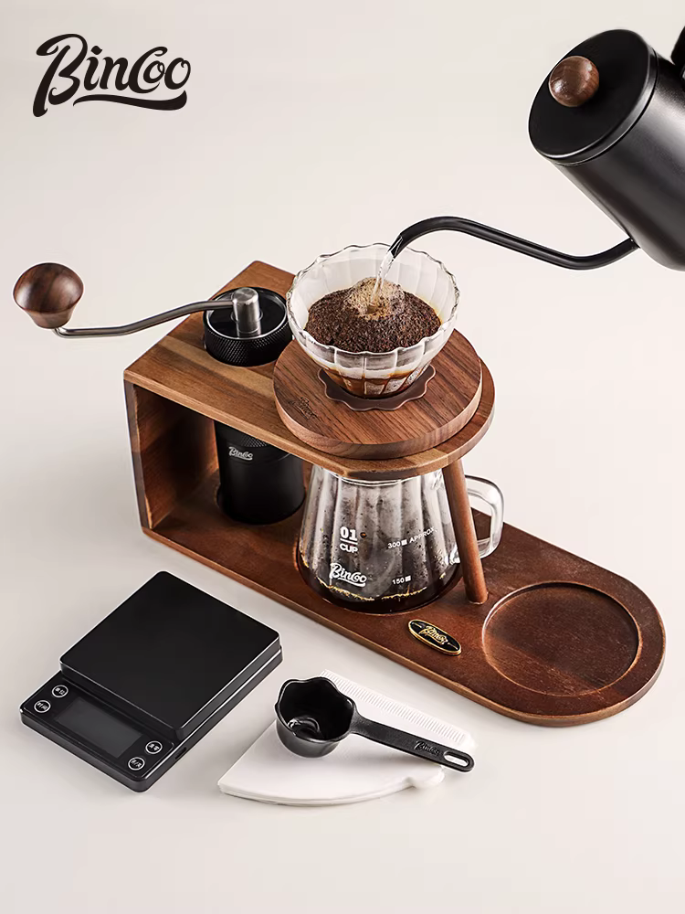 Bộ ấm pha cà phê bằng gỗ keo Bincoo, giá để đồ gia dụng, bộ ấm pha cà phê bằng gỗ hoàn chỉnh