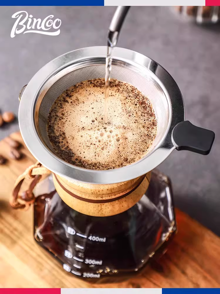 Bình pha cà phê thủ công Bincoo, bình pha cà phê thủy tinh nhỏ hình eo dùng trong gia đình với phễu lọc và cốc lọc bằng thép không gỉ.