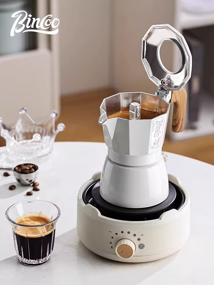 Máy pha cà phê moka Bincoo hai van, máy pha cà phê espresso nhỏ, máy pha cà phê espresso gia dụng, bếp điện gốm nhỏ