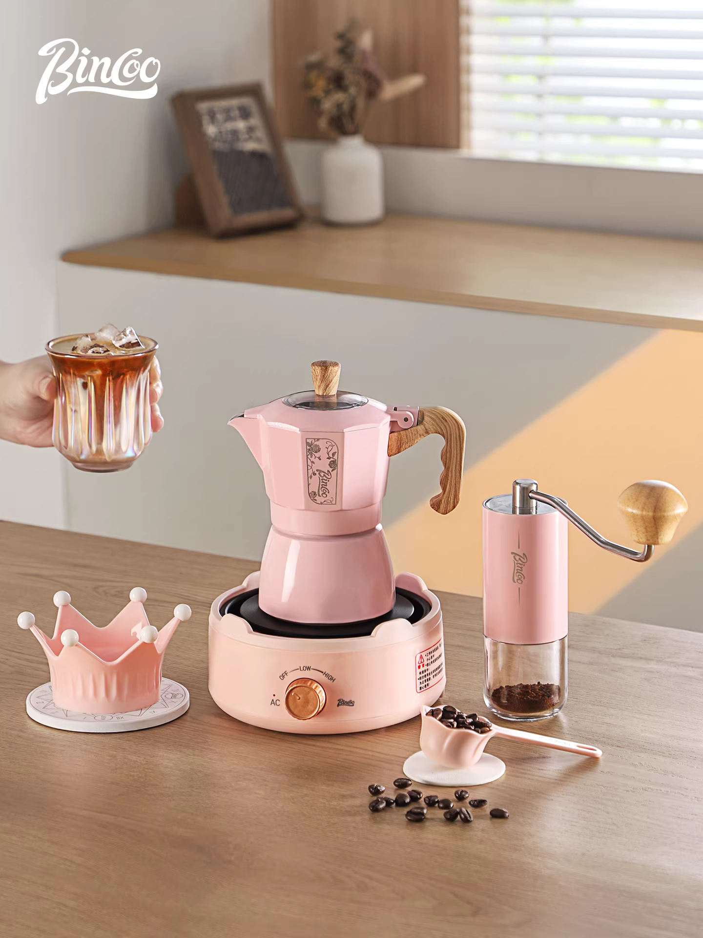 Bộ pha cà phê espresso nhỏ gia dụng Bincoo màu hồng, kiểu moka pot hai van, pha cà phê thủ công
