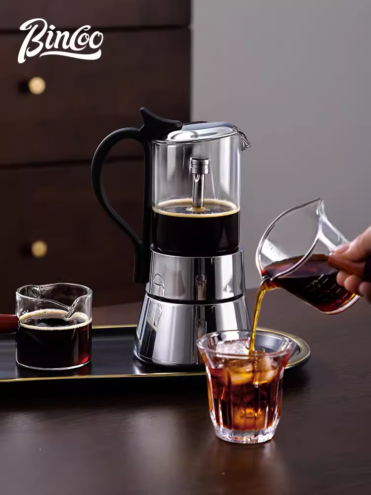 Bộ pha cà phê espresso bằng kính Bincoo, kiểu Moka, hai van, kèm máy xay cà phê cầm tay, dùng cho gia đình