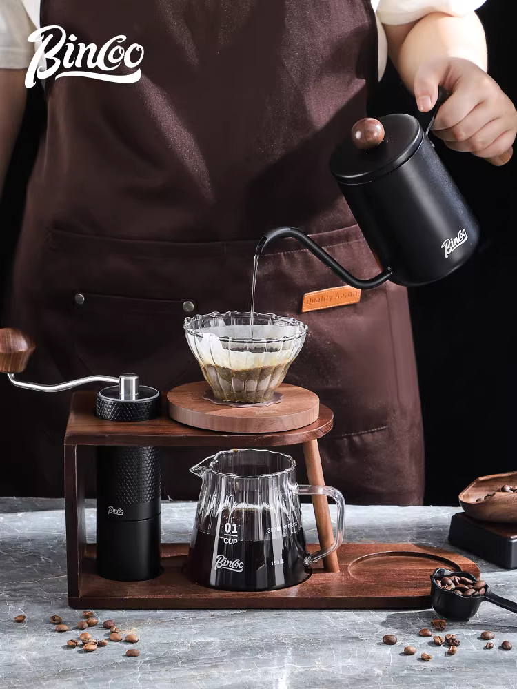 Bộ pha cà phê Bincoo với ấm chia sẻ, ấm pha cà phê, cốc lọc thủy tinh, hộp đựng, dùng trong nhà, giá đỡ gỗ cổ điển