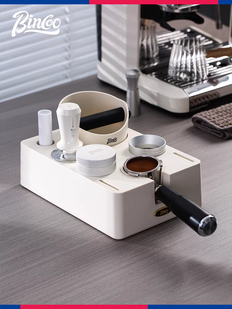 Đế ép cà phê Bincoo, dụng cụ phân phối, búa ép, hộp đựng bã cà phê, phụ kiện tay cầm máy pha cà phê, bộ dụng cụ và hộp đựng đầy đủ.