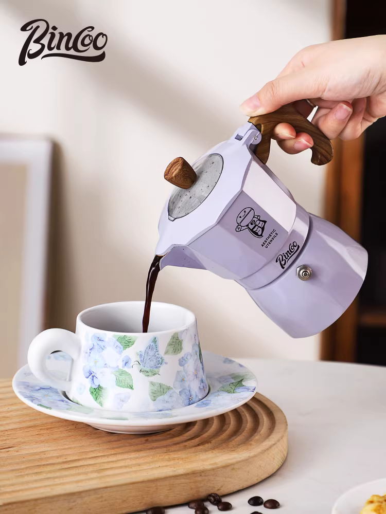 Bộ pha cà phê Moka Bincoo màu tím, van kép, áp suất kép, pha cà phê thủ công, dùng được ngoài trời và trong nhà, kiểu Ý.