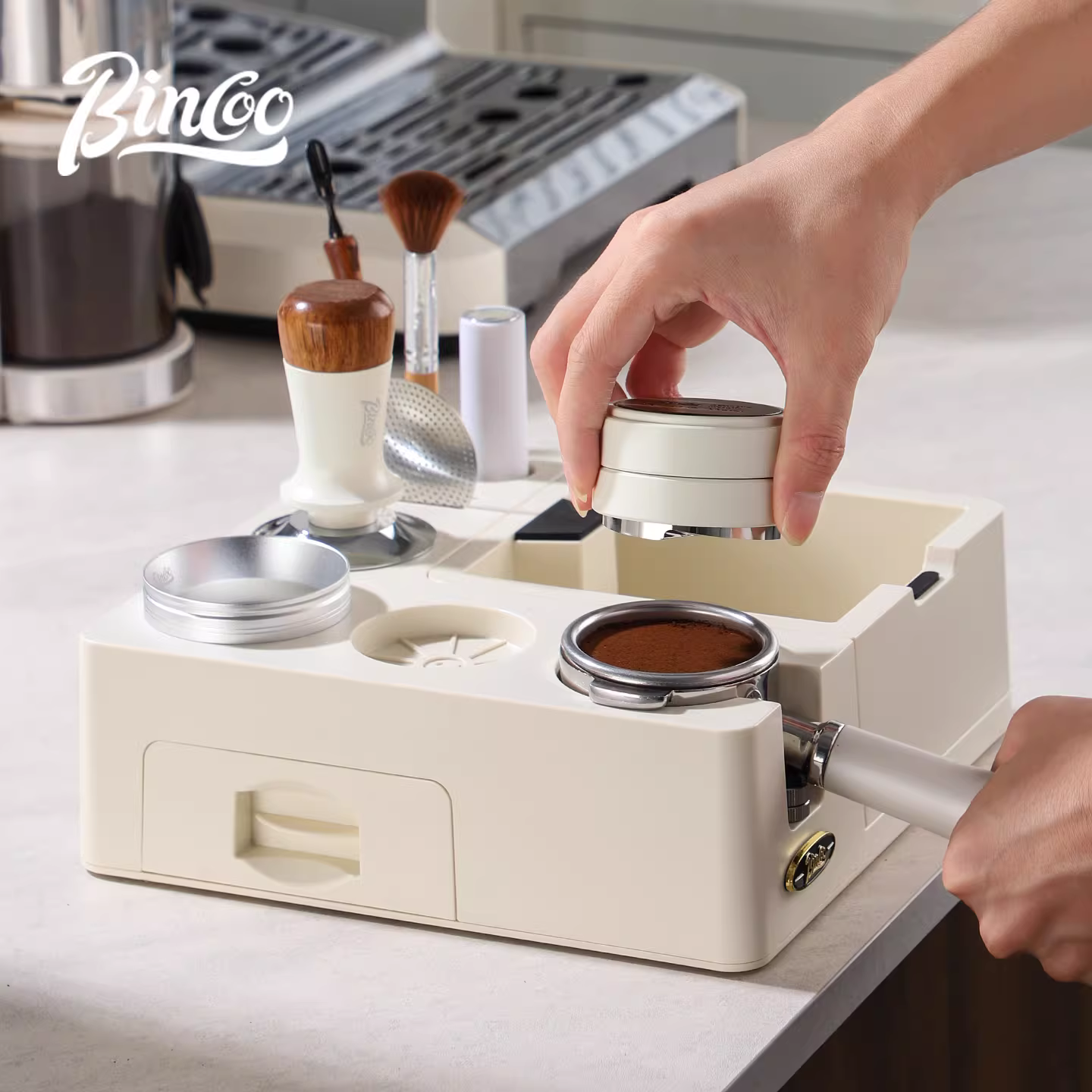 Đế đa năng Bincoo dùng làm dụng cụ nén cà phê, hộp đựng bã cà phê, giá đỡ, tay cầm, dụng cụ phân phối bột cà phê, hộp đựng bã cà phê