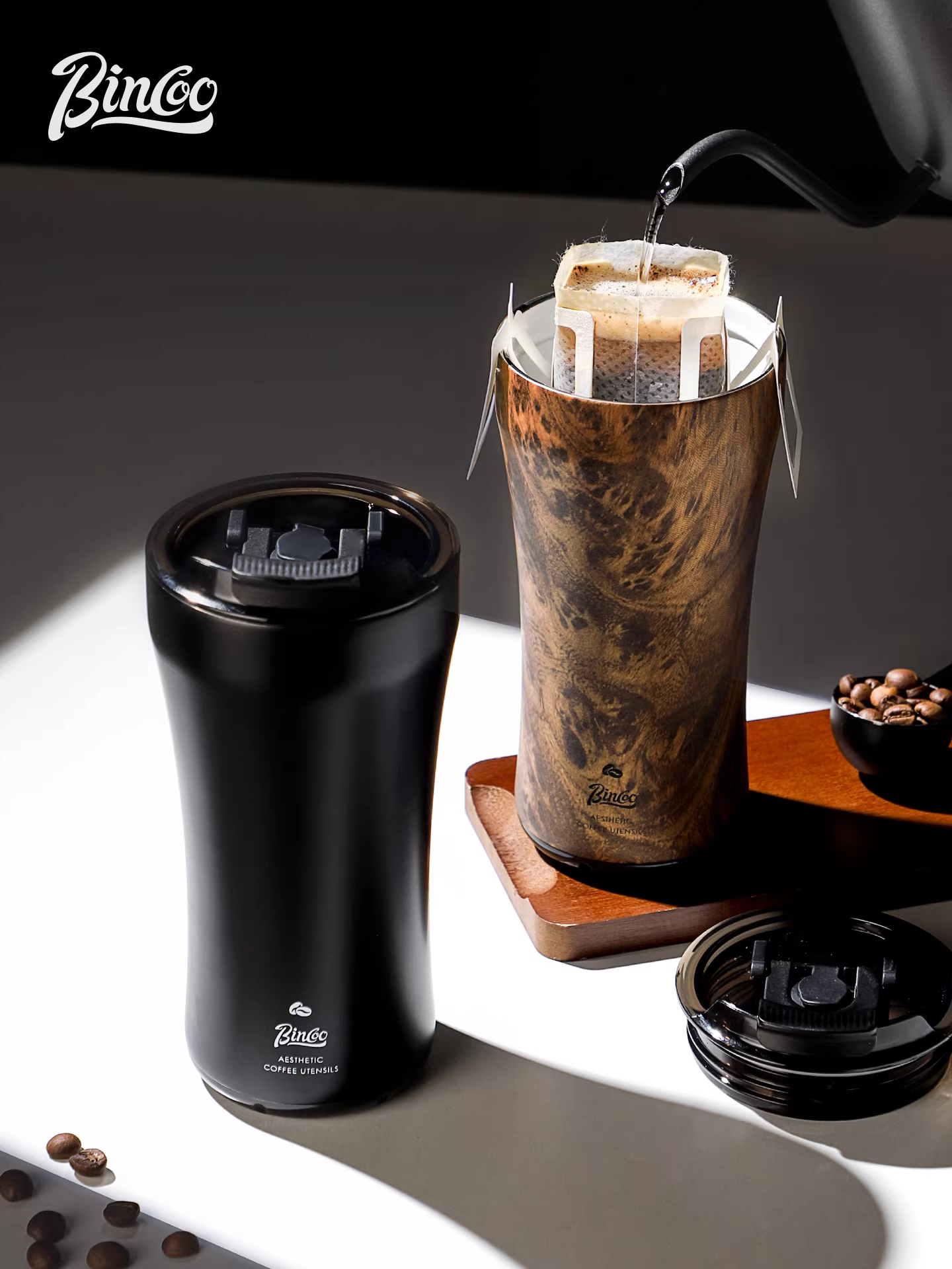 Cốc cà phê cách nhiệt Bincoo bằng thép không gỉ 316, gốm sứ, cốc du lịch di động dành cho nam và nữ, kiểu dáng Mỹ