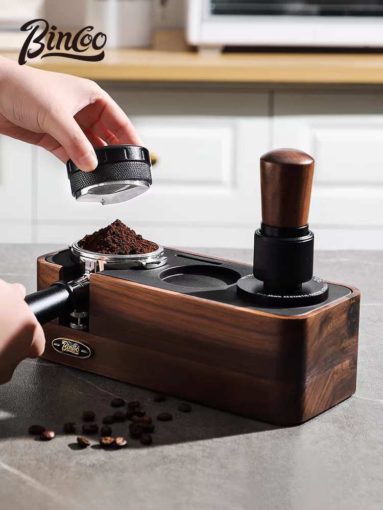 Bộ dụng cụ nén cà phê bằng gỗ óc chó Bincoo gồm đế và bộ phân phối, bộ ba món dành cho máy pha cà phê 51/58mm
