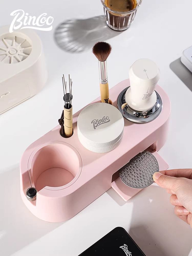 Bộ dụng cụ nén cà phê Bincoo màu hồng có đế, bộ ba món dành cho máy pha cà phê, dụng cụ cà phê 51mm/58mm