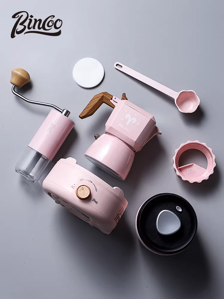 Máy pha cà phê moka điện Bincoo hai van, nhỏ gọn, di động, sử dụng tay quay, dành cho gia đình.