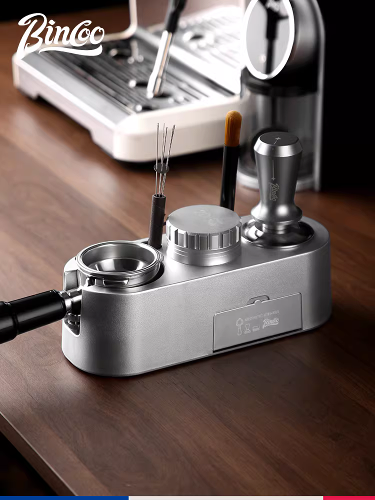 Bộ dụng cụ tamper cà phê Bincoo gồm đế tamper, búa tamper và dụng cụ phân phối, bộ dụng cụ cà phê Ý đầy đủ với hộp đựng.