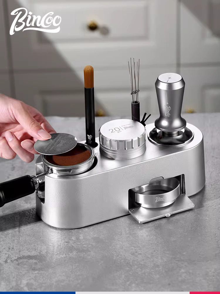 Bộ dụng cụ tamper cà phê Bincoo gồm đế tamper, búa tamper và dụng cụ phân phối, bộ dụng cụ cà phê Ý đầy đủ với hộp đựng.