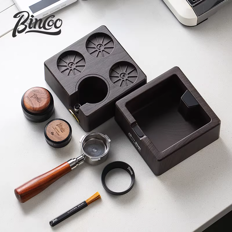 Bộ dụng cụ pha cà phê Bincoo gồm ba món: đế, dụng cụ nén cà phê và khăn phân phối cà phê hai trong một, máy pha cà phê lực không đổi 51/58mm