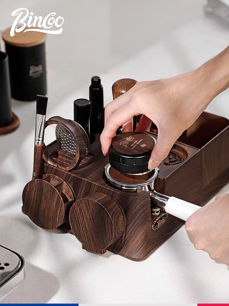 Bộ dụng cụ đế ép cà phê vân gỗ Bincoo, dụng cụ phân phối bột, hộp đựng đa năng, hộp đựng máy pha cà phê espresso