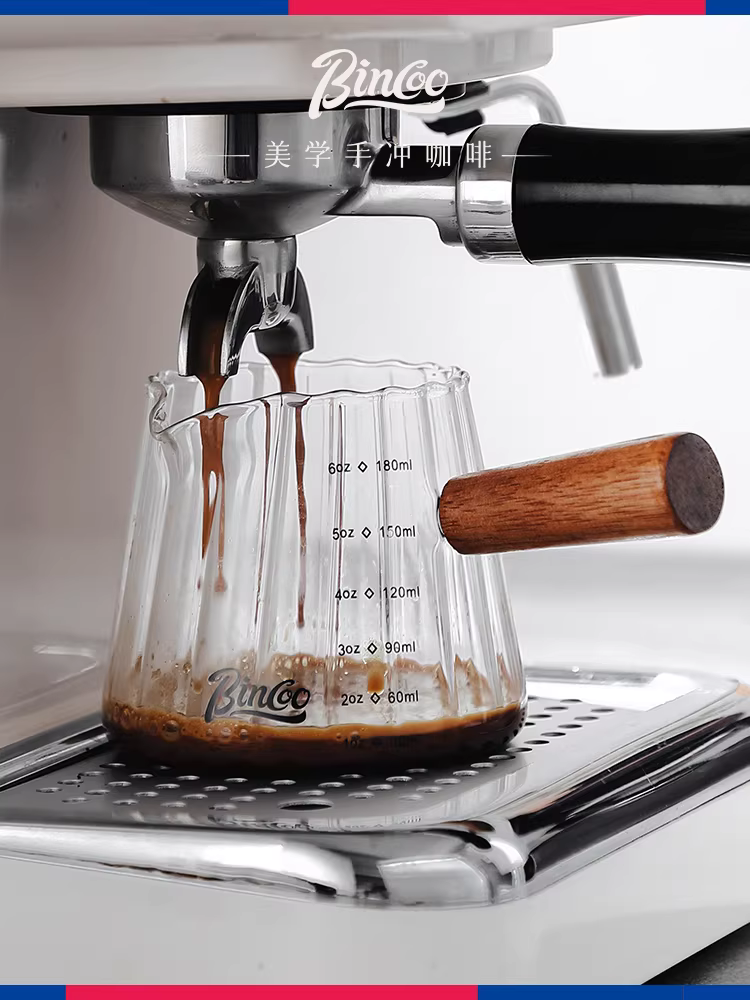 Bình sữa nhỏ bằng thủy tinh Bincoo có vạch chia độ, tách espresso có tay cầm bằng gỗ, bình sữa nhỏ để pha cà phê, cốc ounce
