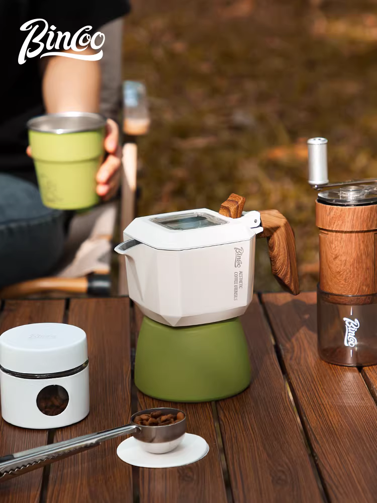 Bộ pha cà phê Moka ngoài trời Bincoo hai van, kiểu Ý, nhỏ gọn, thiết bị cắm trại, bộ đầy đủ