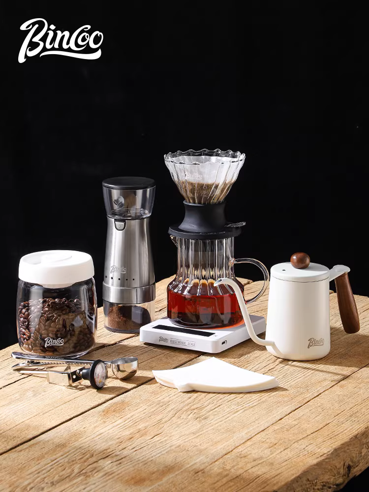 Bộ dụng cụ pha cà phê thủ công Bincoo, gồm ấm pha cà phê thông minh, cốc chia sẻ, máy xay cà phê hạt, bộ dụng cụ xay cà phê bằng tay đầy đủ.