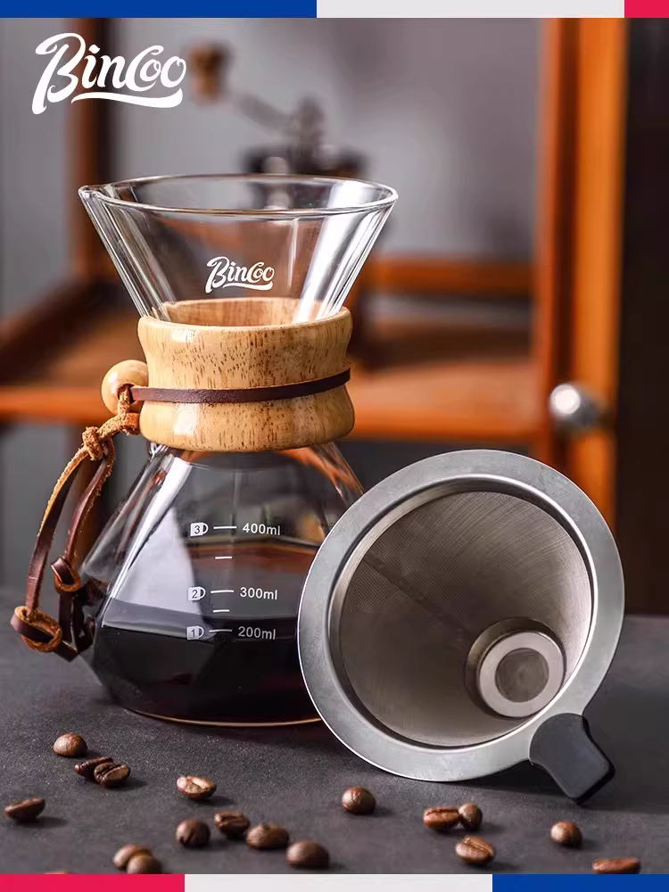 Bình pha cà phê thủ công Bincoo, bình pha cà phê thủy tinh nhỏ hình eo dùng trong gia đình với phễu lọc và cốc lọc bằng thép không gỉ.