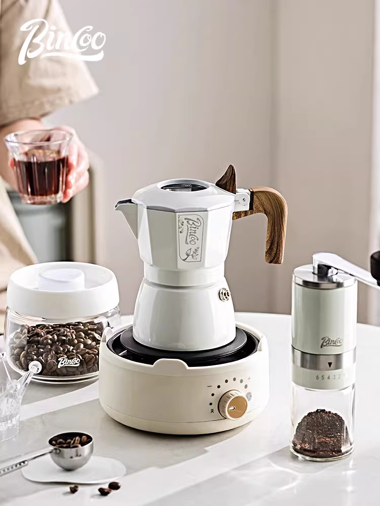 Máy pha cà phê moka Bincoo hai van, máy pha cà phê espresso nhỏ, máy pha cà phê espresso gia dụng, bếp điện gốm nhỏ