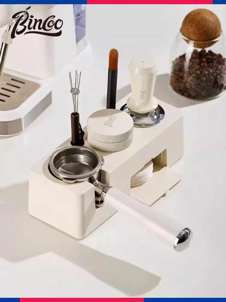 Bộ dụng cụ tamper cà phê Bincoo ba món, gồm dụng cụ phân phối bột cà phê, búa tamper và hộp đựng, dành cho máy pha cà phê Ý.