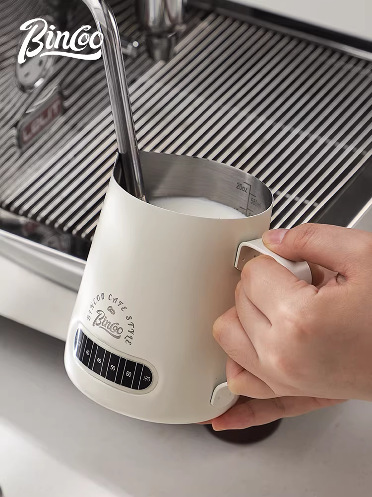 Cốc tạo bọt sữa cà phê Latte Art Bincoo kiểu Ý, chất liệu thép không gỉ, có hiển thị nhiệt độ, chuyên dụng, vòi tròn/vòi nhọn