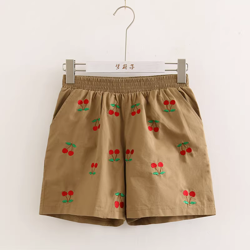 Dream Box 2024 Mùa Hè Mới Anh Đào Ngọt Ngào Thêu Quần Short Học Sinh Lưng Thun Thường Ngày Quần Short Cotton Cho Nữ