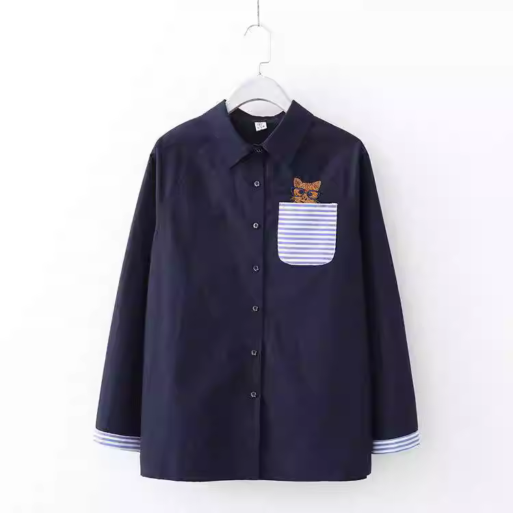 Áo sơ mi nữ cotton thêu hình đầu mèo phong cách mới Xuân 2024 Dream Box, cổ trụ, tay dài, dáng rộng, màu trơn