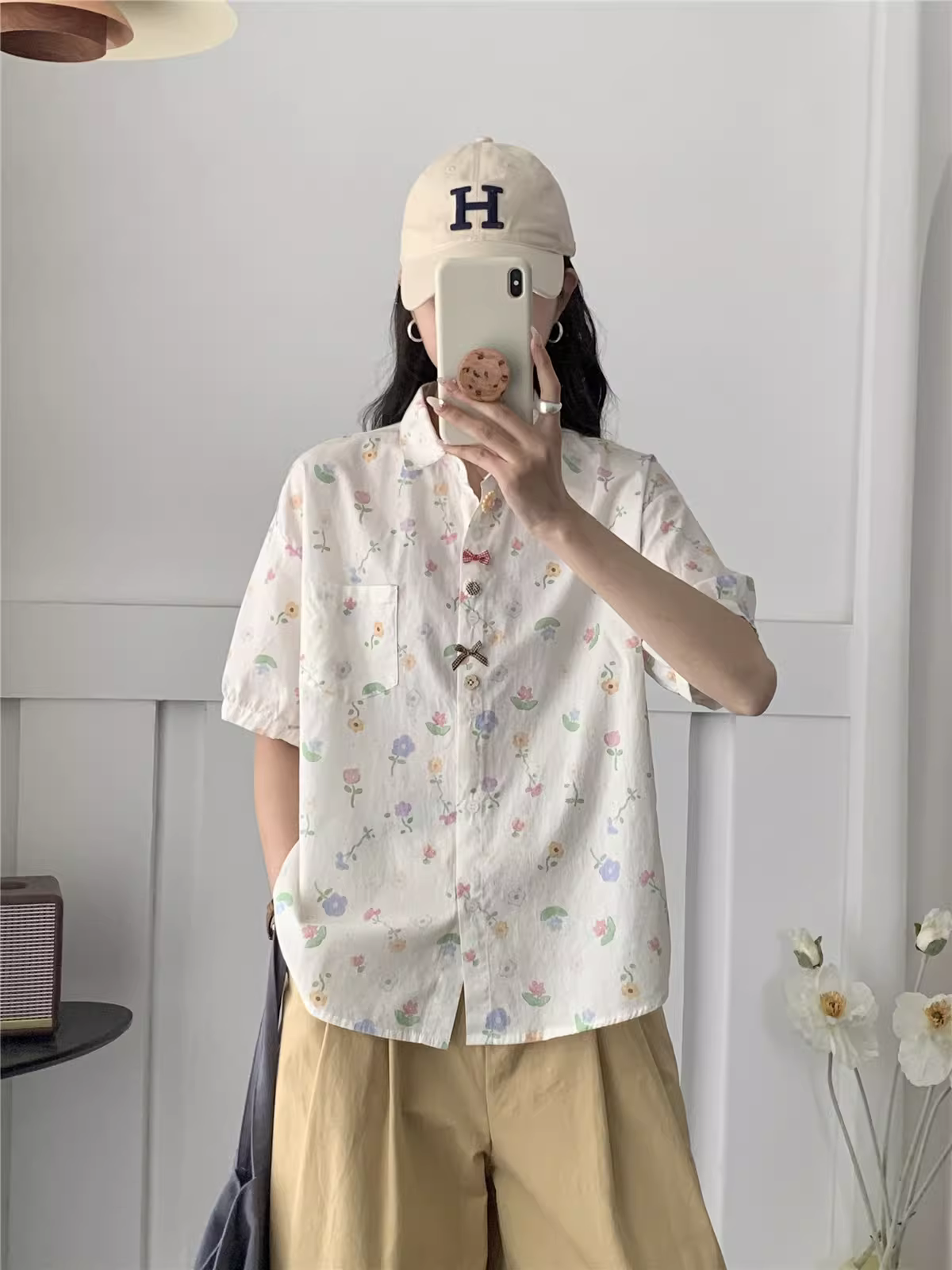 Dream Box 2025 Áo sơ mi cotton in họa tiết hoa tươi mới phong cách mùa hè mới có cổ bẻ, cúc nhiều màu, tay ngắn, dáng rộng, áo sơ mi giảm tuổi tác.