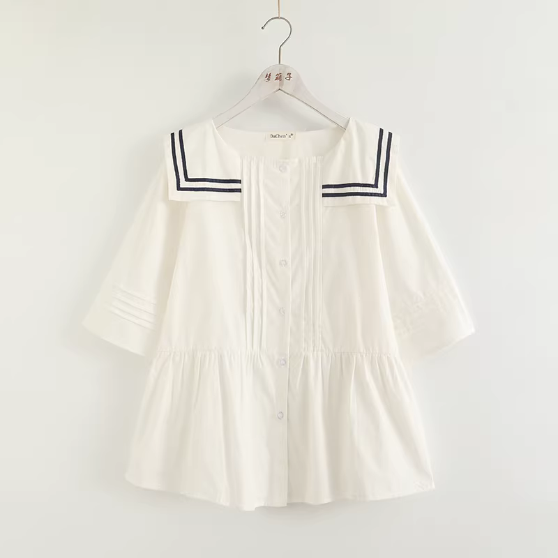 Áo sơ mi cotton xếp ly dáng rộng cổ thủy thủ tay ba phần, kiểu dáng xòe điệu đà Dream Box 2024 mùa hè mới.