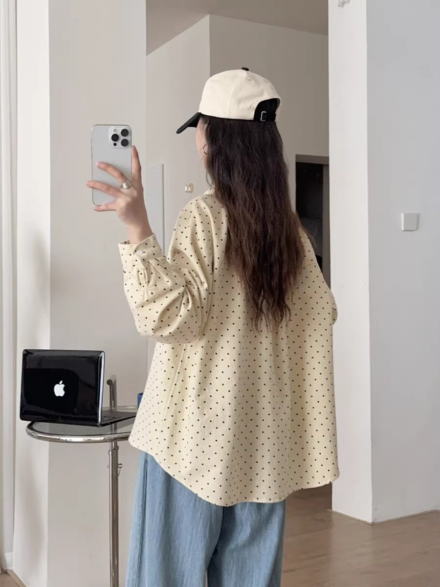 Áo sơ mi nữ cotton dệt kim thêu hoa mùa đông Dream Box 2024, cổ trụ, tay dài, dáng rộng, chất liệu mềm mại