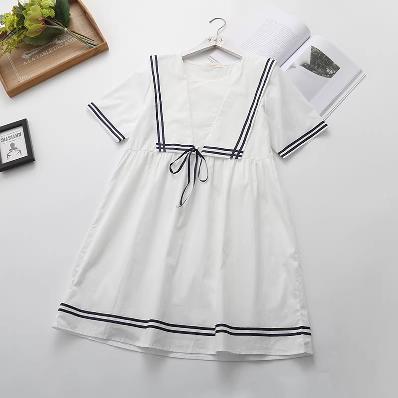 Dream Box 2023 Mùa Hè Phong Cách Mới Buộc Dây Nơ Miếng Dán Cường Lực Hải Quân Cổ Áo Chui Đầu Tay Ngắn Rời Cotton Đầm Dành Cho Nữ