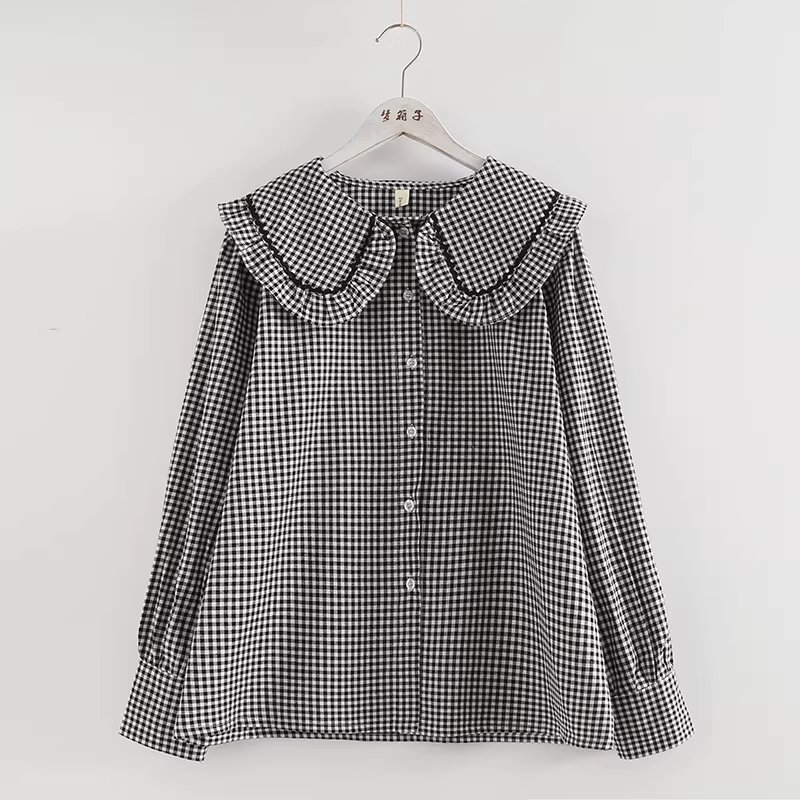 Áo sơ mi cotton phối họa tiết Dream Box 2025 Xuân Mới, kiểu dáng nữ tính, cổ Peter Pan bèo nhún, tay dài, dáng rộng, màu trắng