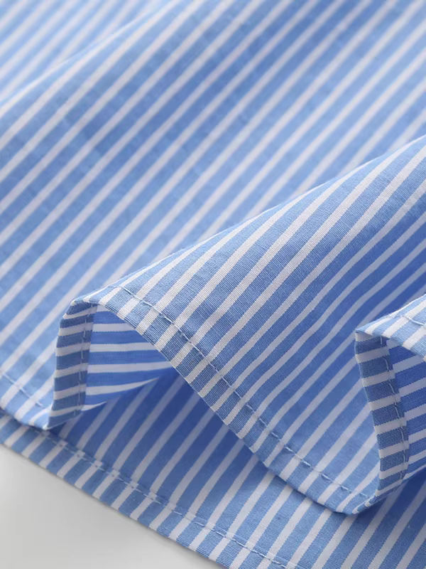 Áo sơ mi cotton sọc xanh tươi kiểu mới mùa hè 2025 Dream Box, cổ tròn, tay bồng xếp ly dành cho nữ