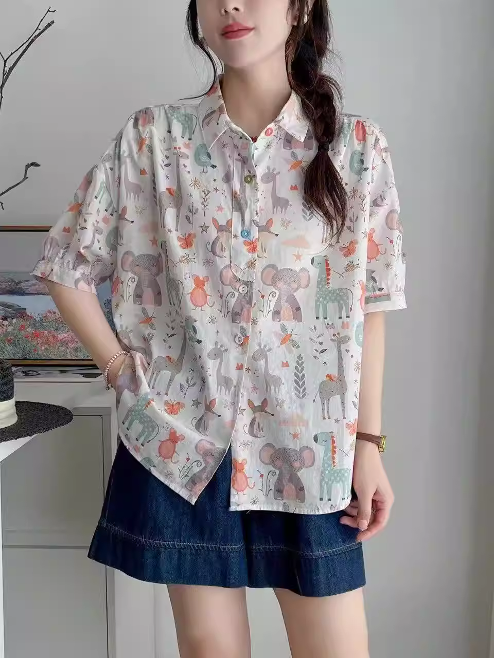 Áo sơ mi cotton in hình động vật hoạt hình mùa hè Dream Box 2025, cổ trụ, tay ngắn, dáng rộng, trẻ trung dành cho nữ