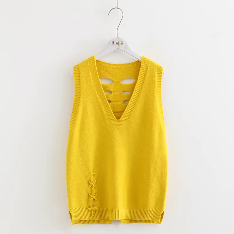 Áo len nữ dáng suông cổ V không tay kiểu mới Xuân 2024 Dream Box, chất liệu dệt kim đa năng, kiểu dáng áo ba lỗ rách cá tính