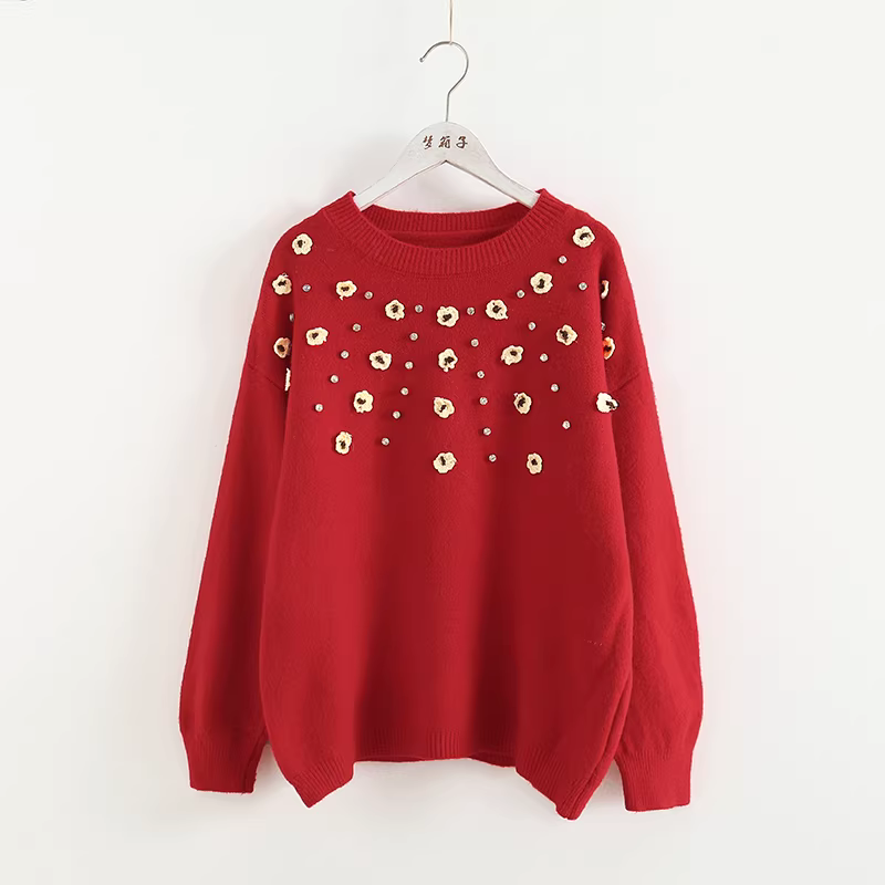 Dream Box 2023 Áo len đính hoa móc mới mùa thu dành cho nữ, áo chui đầu cổ tròn, tay dài, áo len dệt kim dáng rộng.