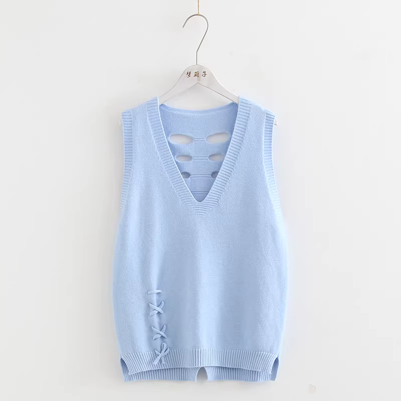 Áo len nữ dáng suông cổ V không tay kiểu mới Xuân 2024 Dream Box, chất liệu dệt kim đa năng, kiểu dáng áo ba lỗ rách cá tính