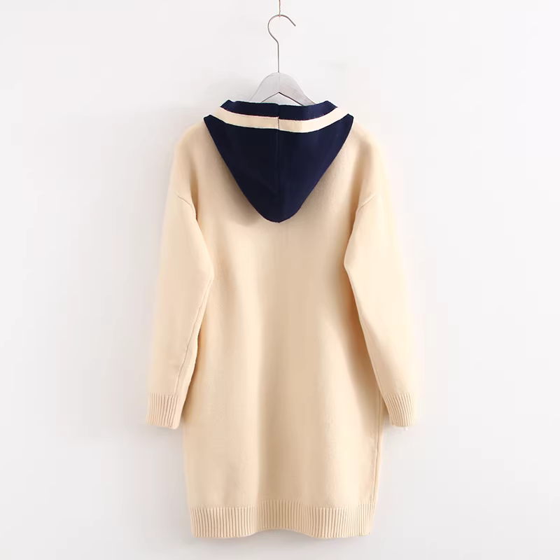 Áo khoác cardigan thêu hoạt hình Dream Box Thu 2023, phối màu, có mũ, tay dài, dáng rộng, dài qua eo