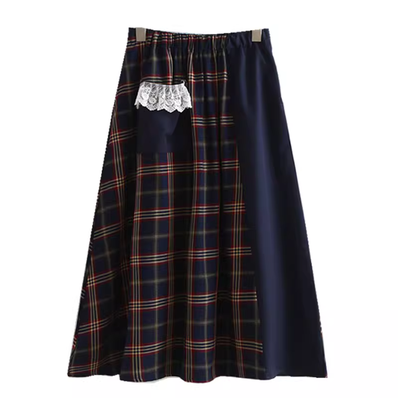 Dream Box 2023 Mùa Hè Mới Vintage Kẻ Sọc Chắp Vá Váy Nữ Viền Ren Túi Chân Váy Chữ A Váy Dài Trung Bình