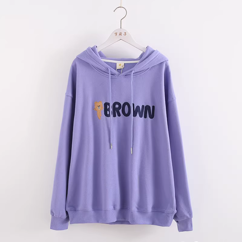 Áo len nỉ nữ dáng rộng tay dài in thêu chữ Gấu nâu hoạt hình Dream Box Thu 2024