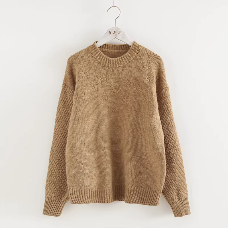 Dream Box 2023 Mùa Đông Mới Handmade Thêu Hoa Áo Len Cổ Tròn Áo Len Mori Girl Tươi Màu Trơn Áo Len Rộng