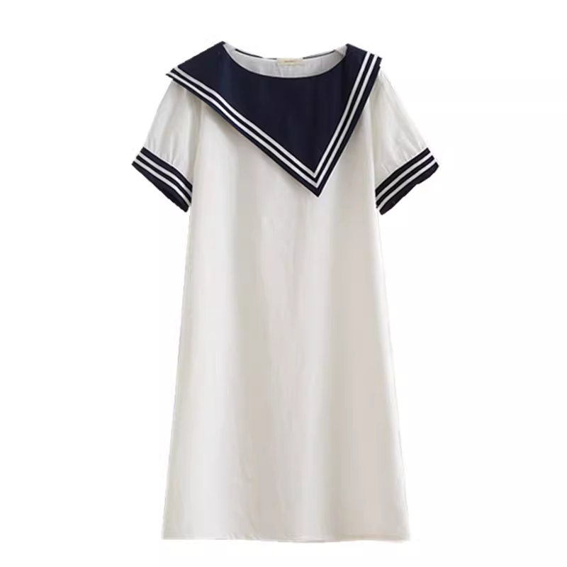 Đầm cotton dáng chữ A tay ngắn màu phối cổ áo hải quân không đều kiểu mới hè 2024 Dream Box dành cho nữ